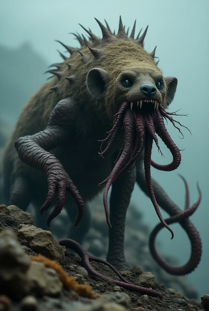 (extremadamente detallado, obra maestra, La mejor calidad), Estilo oscuro, intense illumination, rostro con arrugas, lengua larga, tentacle, deforme, monstruoso, interior de una piscina de agua verdosa, imagen submarina, alien con Colmillos finos, pico de pulpo amenazante. manchas de tinta. Rococo composition. Luz de caravaggio