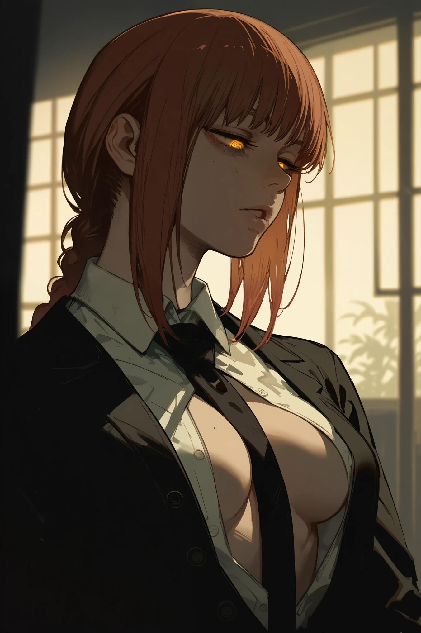 score_9,score_8_up,score_7_up, Taiki_PS, 1girl,adult,tall female,long hair,single braid,yellow eyes, glowing eyes, (half-closed eyes:1.2), medium breasts, standing, pale skin, white collared shirt, unbuttoned, deep cleavage, long sleeves,black trouser,loose black necktie, cowboy shot, red tone, light leaks,cinematic lighting,deep glow effect,depth of field,makima \(chainsaw man\),
