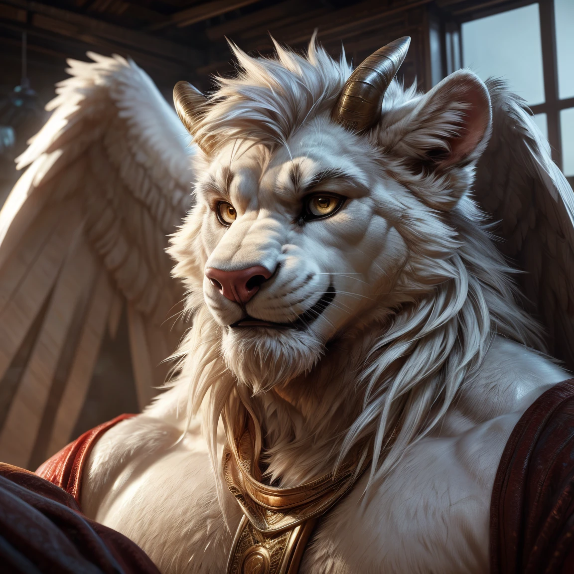 masterpiece, best anatomy, best quality, male, solo, white lion, full body, beefy, Muscle, Delicate face, Delicate eyes, realistic, masterpiece, highest quality, unreal engine, trending on ArtStation, Intricate, Ultra High Detail, dramatic, realism, realistic, sitting, bara, muscle, furry, day, bed, looking_at_viewer, ultra detailed eyes, ultra detailed body, ultra detailed face, bright room, expressive, masculine, devilish smirk) white fur, white body, gold eyes, white feathered wings, 8k HD, hdr, (by null-ghost,by darkgem,by pino daeni,by zoroj, by redrusker), (furry art, soft shading:1.1), masterpiece, horns, white mane, erection, thick cock, large cock, ultra detailed cock, ultra detailed balls, knot