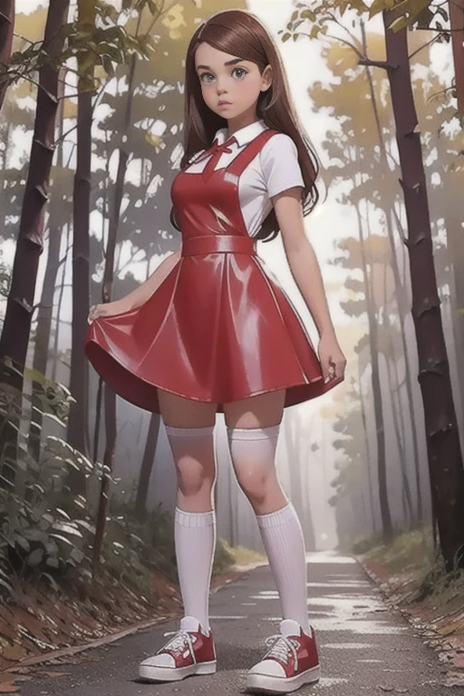   Cute teen beautiful curvy schoolgirl ,  beautiful cute teen face , red leather skater pinafore dress ,  transparent white blouse, short sleeves, red tie , brunette long hair,  beautiful eyes. stockings,  Sneakers,  schoolgirl - standing in the woods ,   photorealistic , sad face, skater pinafore, full figure