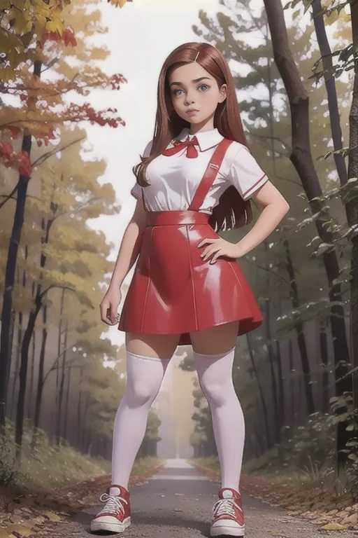   Cute teen beautiful curvy schoolgirl ,  beautiful cute teen face , red leather skater pinafore dress ,  transparent white blouse, short sleeves, red tie , brunette long hair,  beautiful eyes. stockings,  Sneakers,  schoolgirl - standing in the woods ,   photorealistic , sad face, skater pinafore, full figure