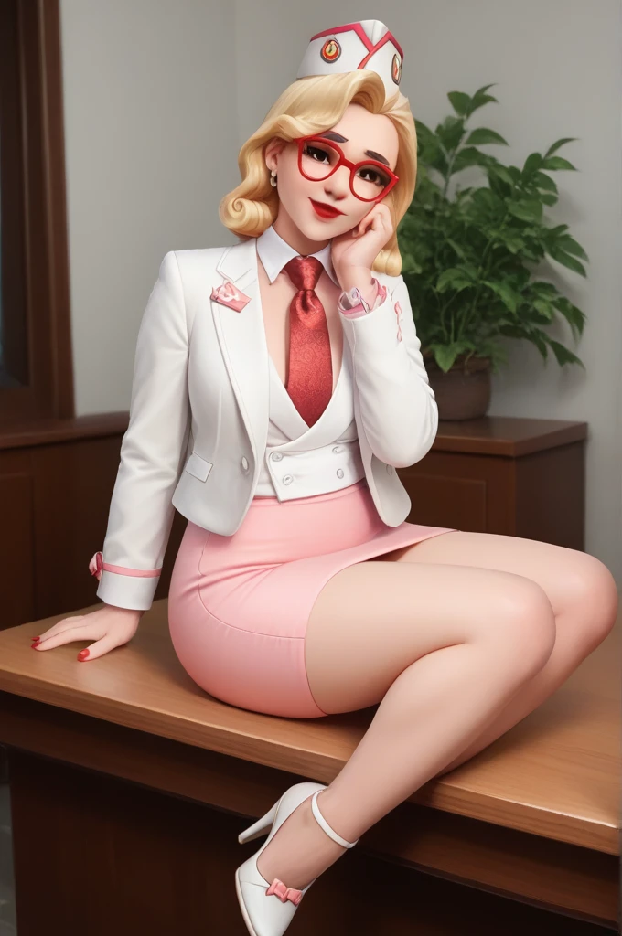 score_9, score_8_up, score_7_up, 1girl, sprinkles mei, mei (overwatch),  three-piece suit, 1girl, solo, blonde hair, glasses, sprinkles mei, smile, pretty, formal, jewelry, (((skirt suit))), (((red silk necktie))), earrings, (((white jacket))), (((pink shirt with white collar))), sitting on table, (((high heels))), window, watch, jacket, wristwatch, red lips, (((red shiny pencil skirt))), (((metallic satin skirt))), (((bodycon pencil skirt))), makeup, black stockings, garter straps, cufflinks, red nails, fully clothed, red lipstick,   in a 50´s restaurant, long sleeves, shiny clothing, tight clothing, (((tight skirt))), silk shirt fabric, hand on cheek, cute