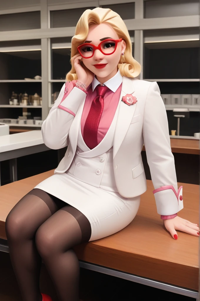 score_9, score_8_up, score_7_up, 1girl, sprinkles mei, mei (overwatch),  three-piece suit, 1girl, solo, blonde hair, glasses, sprinkles mei, smile, pretty, formal, jewelry, (((skirt suit))), (((red silk necktie))), earrings, (((white jacket))), (((pink shirt with white collar))), sitting on table, (((high heels))), window, watch, jacket, wristwatch, red lips, (((red shiny pencil skirt))), (((metallic satin skirt))), (((bodycon pencil skirt))), makeup, black stockings, garter straps, cufflinks, red nails, fully clothed, red lipstick,   in a 50´s restaurant, long sleeves, shiny clothing, tight clothing, (((tight skirt))), silk shirt fabric, hand on cheek, cute