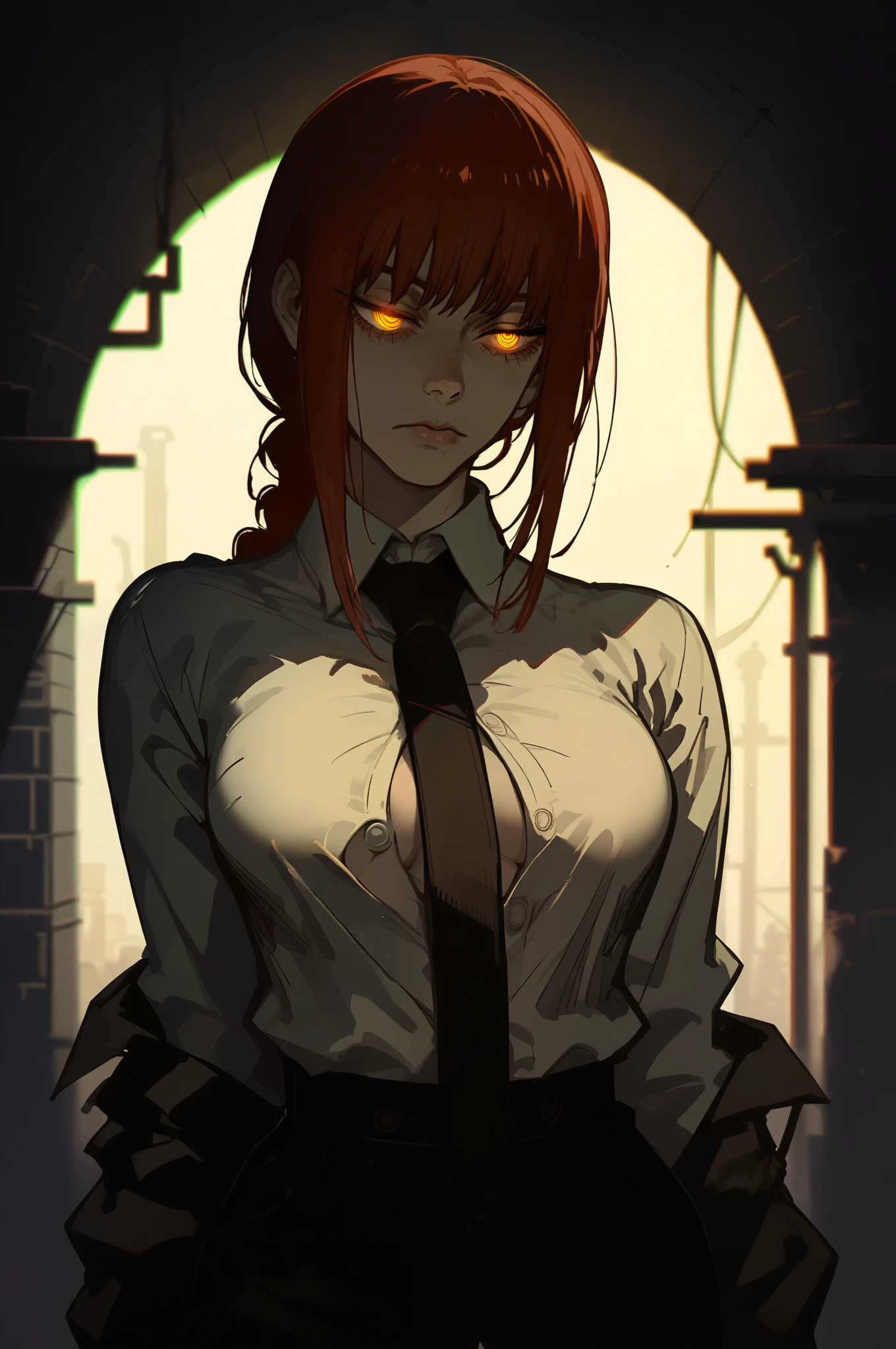 score_9,score_8_up,score_7_up, Taiki_PS, 1girl,adult,tall female, front facing, long hair,single braid,yellow eyes, glowing eyes, (half-closed eyes:1.2), medium breasts,  standing, pale skin, white collared shirt, unbuttoned, deep cleavage, long sleeves,black trouser,loose black necktie, cowboy shot, sharp red lighting, red tone, light leaks,cinematic lighting,deep glow effect,depth of field,makima \(chainsaw man\), alleyway background,
