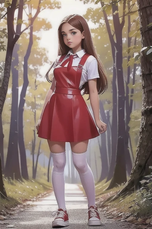   Cute teen beautiful curvy schoolgirl ,  beautiful cute teen face , red leather skater pinafore dress ,  transparent white blouse, short sleeves, red tie , brunette long hair,  beautiful eyes. stockings,  Sneakers,  schoolgirl - standing in the woods ,   photorealistic , sad face, skater pinafore, skater dress, full figure