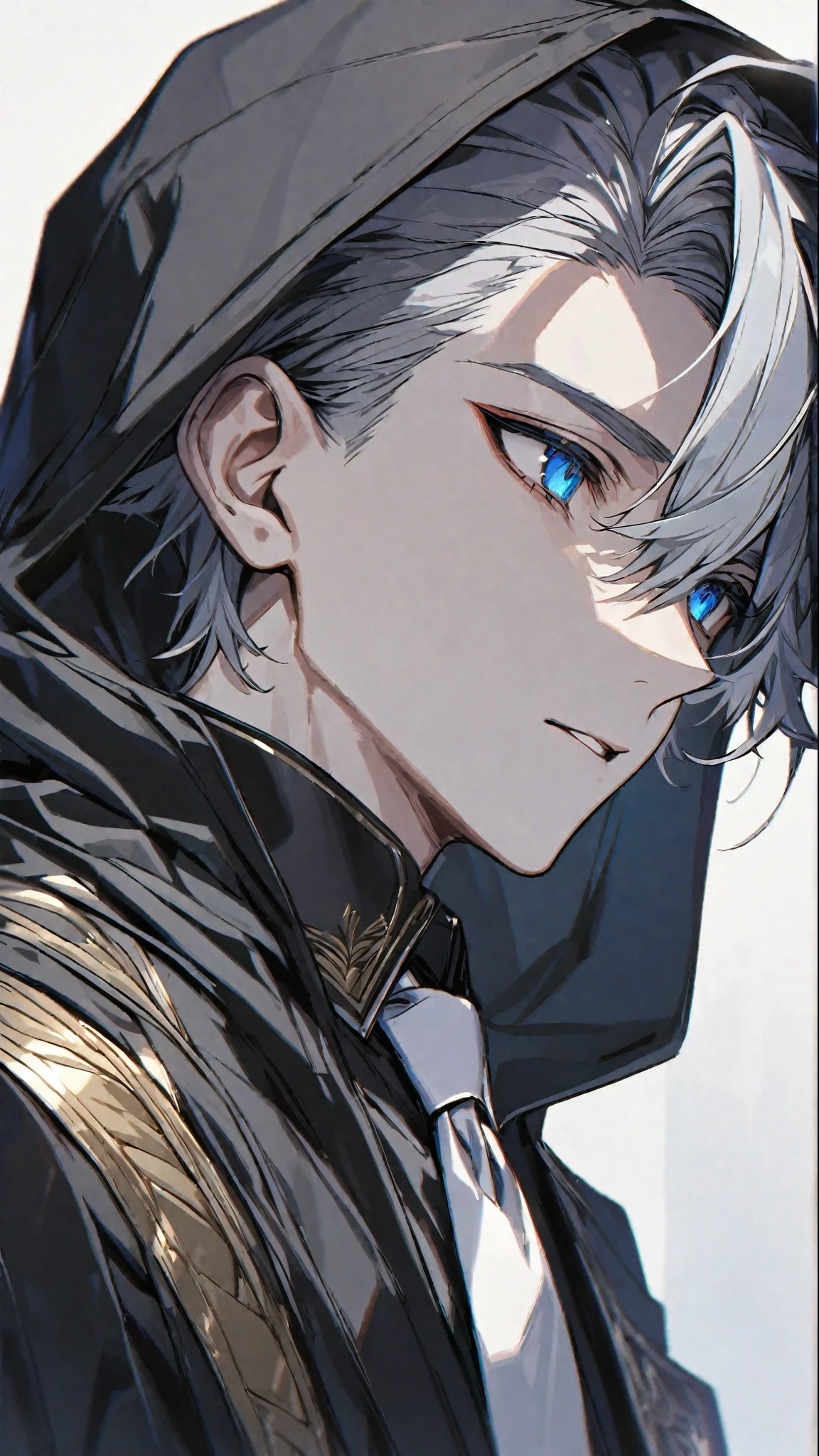  alone, Elegant, 1 male head with small   , Short hair,   hair and gray hair, Half and a half, Blue Eyes,  detailed,  white shirt, White tie, Black hood