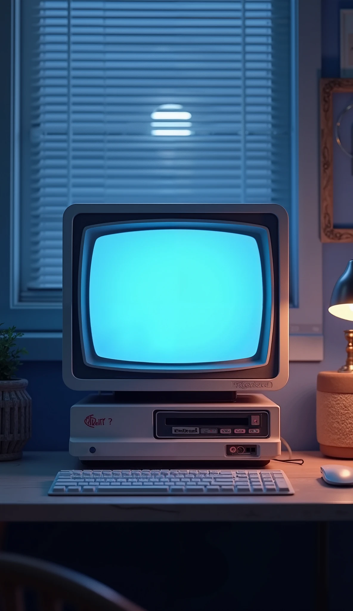 C4D Modeling，oc rendering，Computer desk, a cute retro computer, front view, simple night background with moonlight shining through blinds, keyboard, mouse, 3D Art, C4D, octane rendering, 3D rendering, light traction, clay materials, rich visual effects, pixar trend, animated lighting, pastels, soft focus, OC, BLENDER, best quality, 8k
