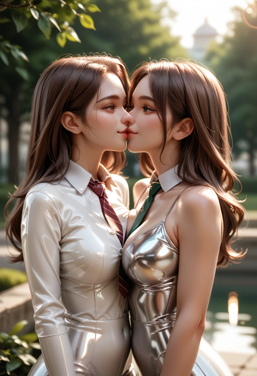 2 girls,  long hair, in extremely tight shiny silver latex blouse buttoned, Necktie, Lens reflection, Reflected light, Make-up,  seductive smile , Brown hair, goes to the park, jeanshose, Breasts, kiss