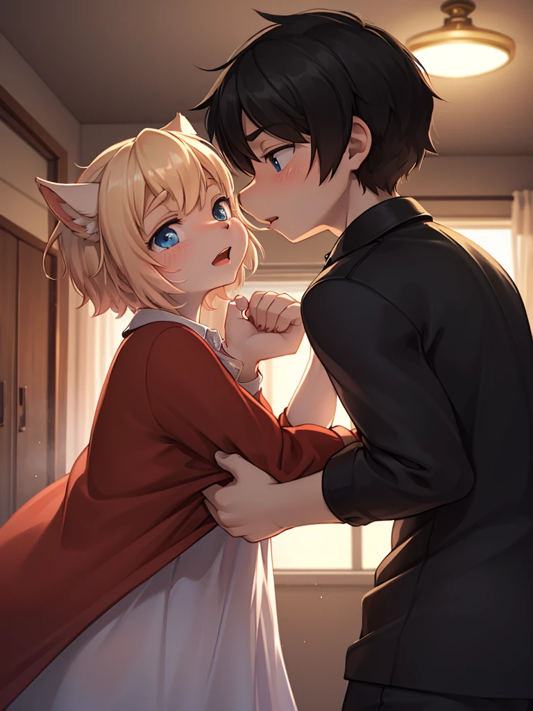 Masterpiece, high quality, absurd resolution, little wolf, shota, silver-gray fur, sky blue pupils, furry ears, fluffy tail, fluffy soft hair, drooling, sweating, shyness, being pressed against the wall for a strong kiss