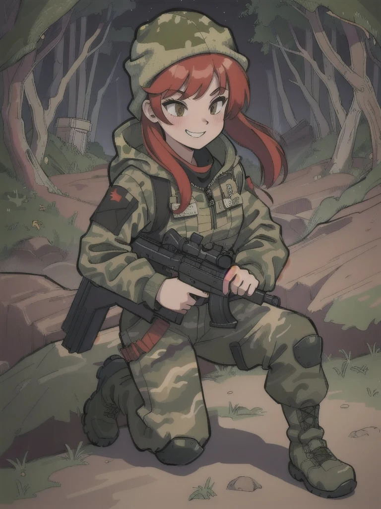 girl with smile and red hair, black sweater,with a camouflage jacket, camouflage balaclava, camouflage pants and army boots, holding SMG, night, forest, cave,