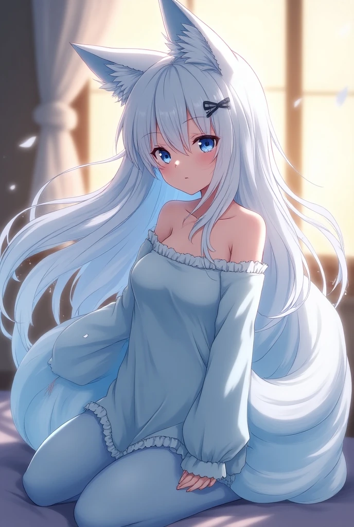 one girl, anime style, cat ears, off shoulder, medium breasts, shy, blush, navel, choker, obedient, white long hair, light blue eyes, long sleeve, on bed, groin, cleavage, navel, hide her pussy with hand