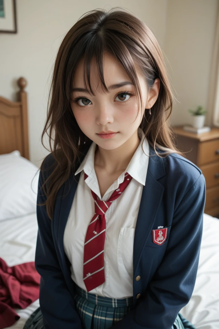  beautiful Japanese woman wearing a G jacket、bedroom、 ecstasy face 、  school uniform、cute、My hair is messy、I&#39; exhausted 、Sweaty、Drops of sweat、small breasts、small,   with underdeveloped breasts 、Sleep on your back、 open legs、 open legs、 functional、masterpiece、Best Quality、 High Resolution 、The body shines with sweat、 Wear a sexy bikini with、Place your hands above your head、 slim and stylish 、I'm unconscious but my eyes are open、School uniforms scattered around、Mister...々Hairstyle、Full body angle、 artistic binding 、Hemp rope bondage、 short hair、