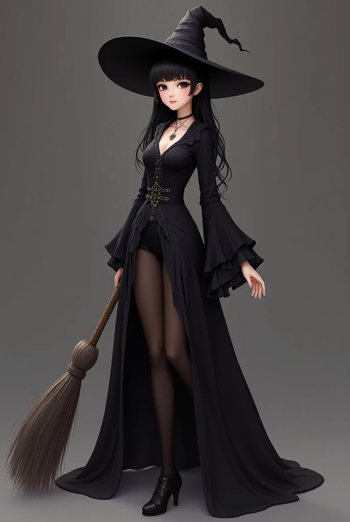 ((masterpiece)),(((best quality))),(Character design sheet, same character, ""front view, side view, back view"), illustration, 1 girl in, long black hair , golden eyes, genshin impact style, purple magical girl style witch clothing, full body, corset, blouse, skirt, thigh-tight stockings, leather boots and gloves, digital background, casting shadow.