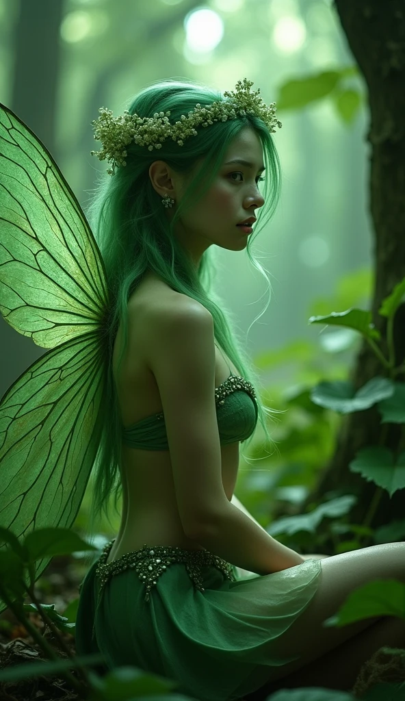 An elf, svelte, bathes in a river, dans la forêt
