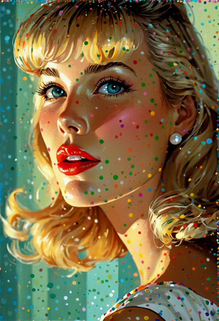 American Pop Art、Blonde beauty、1950s、Manga Style、colorful、Face seen from an angle、The background is dots, (Kim Basinger style) wearing a white dress   