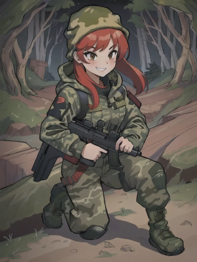 girl with smile and red hair, black sweater,with a camouflage jacket, camouflage balaclava, camouflage pants and army boots, holding SMG, night, forest, cave,