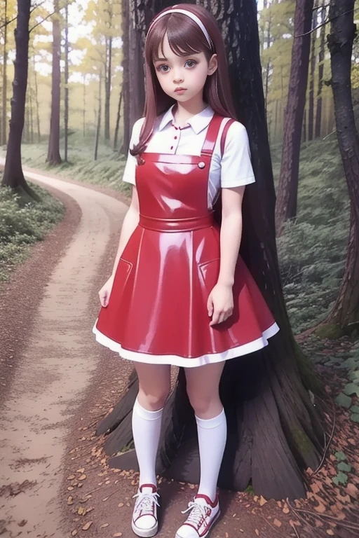   Cute young beautiful curvy schoolgirl ,  beautiful  teen face , red leather skater pinafore dress ,  transparent white blouse, short sleeves, red tie , brunette long hair,  beautiful eyes. stockings,  Sneakers,  schoolgirl - standing in the woods ,   photorealistic , sad face, skater pinafore, skater dress, full size figure