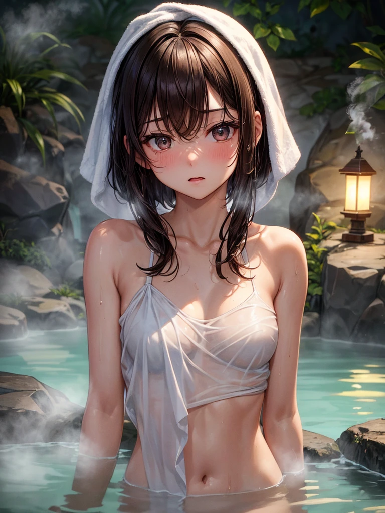 Night scene, close-up photo of topless nun, small breasts, bathing near the waterfall, body soaked in water, lean cheeks, wet hair, chin up, seductive face, no bra, stones, pure water, cleavage show, water on the body, realistic pores on the body, look up at the sky and smile, black ponytail hair, (blue eyes: 0.8), beautiful adult face, 20 yo, soft volumetric lights, (backlit: 1.3), (cinematic: 1.3), intricate details, (ArtStation: 1.2)