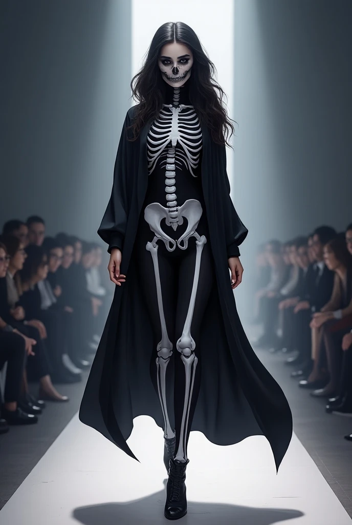 Black woman hair in a bun black hoodie black leather short shorts and a Skeleton standing behind her with its arms around her waist... she is scared. Location jungle