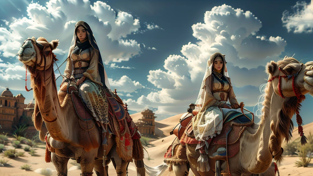 xuer riding camel, 1girl, desert, sky, day, cloud, solo, long hair, outdoors, black wavy hair, veil, arabic clothes, jewelry, sexy big breasts 