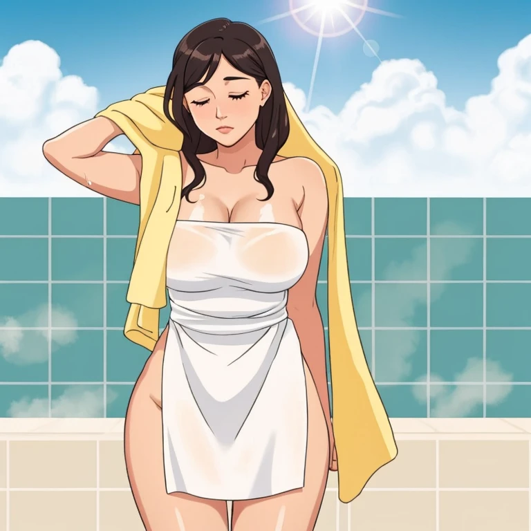 sleepy Instagram model, wet chest covered by towel, sunshine morning, bathroom