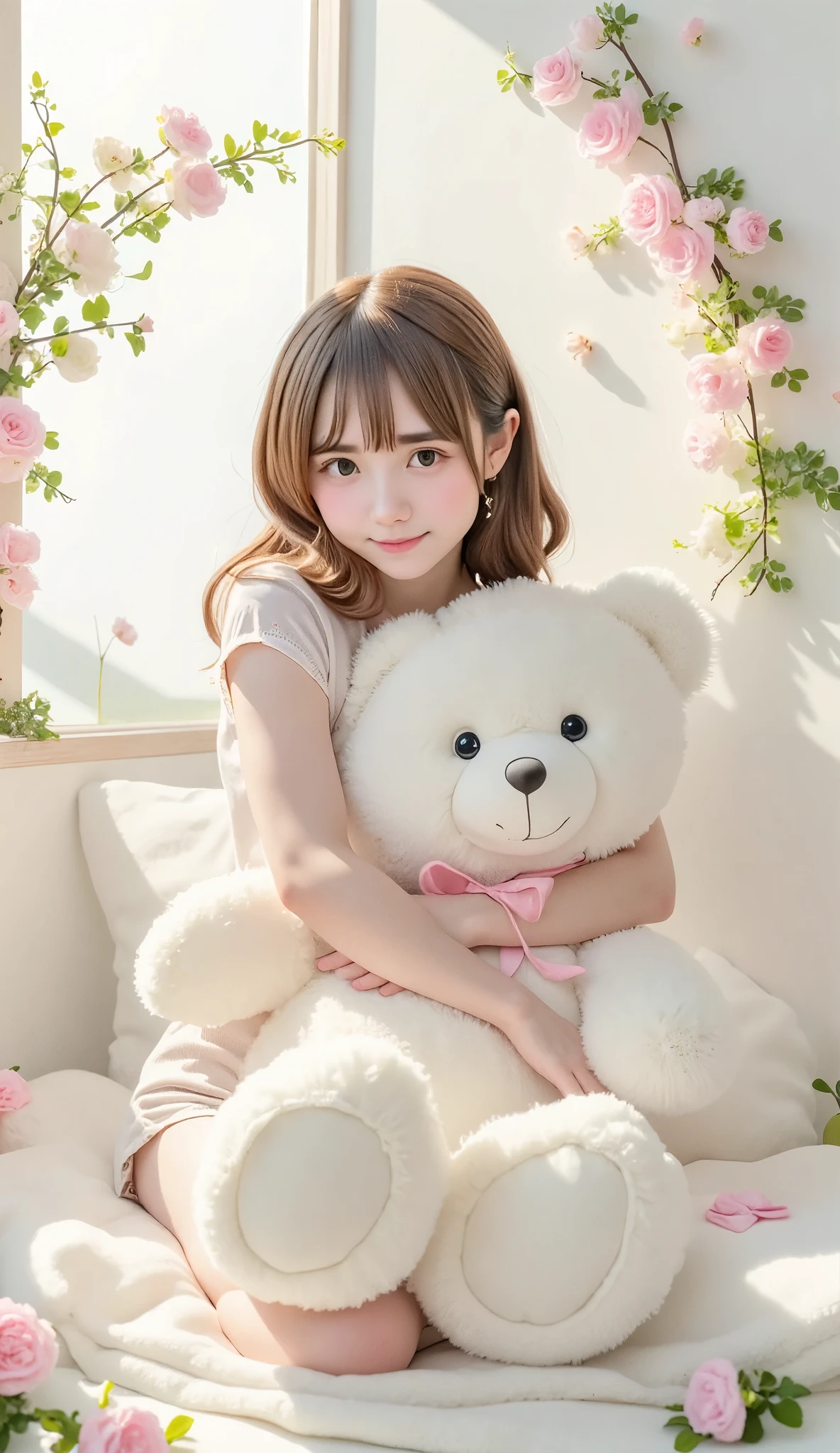 (((Simple configuration)))、(((The background is a white wall:1.2)))、One Girl、(((hug a giant teddy bear)))、 Perfect Anatomy、Picturesque、sketch、Very delicate、Cloud-like wall、、Floral、Delicate depiction、Abstract、Overall bright color、Gentle colors、Taisho Romance、(masterpiece、Best Quality、Best Quality、Official Art、Beautiful, beautiful:1.2)、