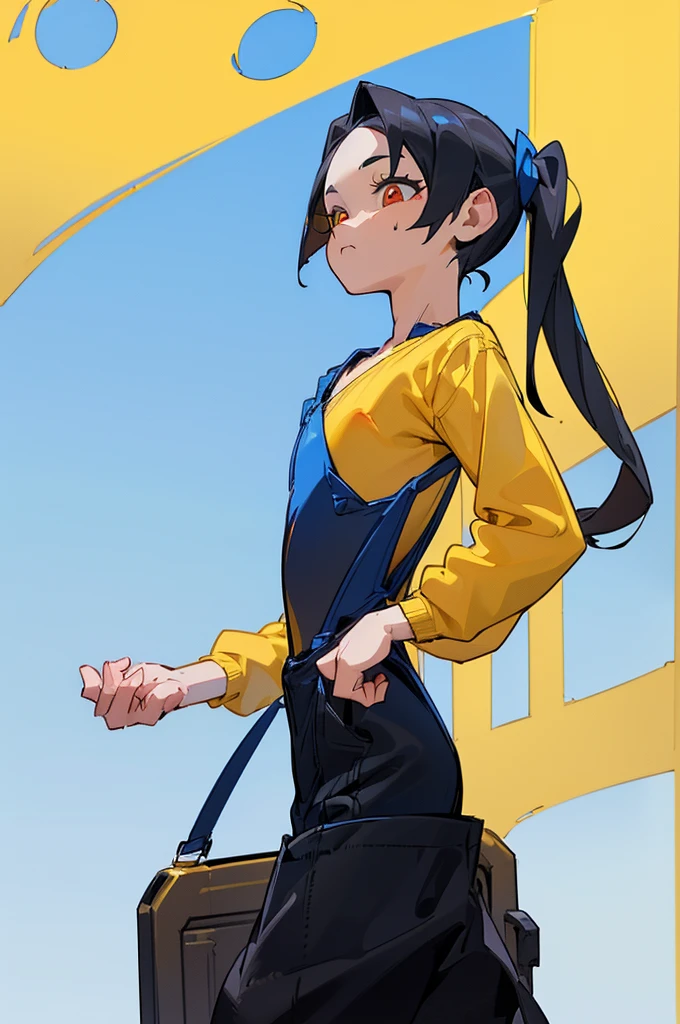 (masterpiece) (high Res), (Perfect face), (perfect anatomy), girl, black hair with pigtails, red eyes, (flat chest:1.6), short, fair skin, ((yellow sweater)), (((black skirt overalls))), black boots, ((((solo)))), ((((alone)))), (in a city), ((beautiful blue sky))