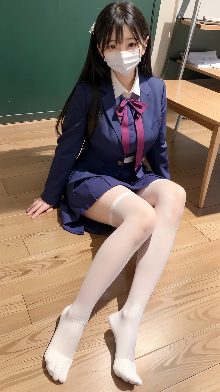 No face，Film texture，Natural Light， exquisite details， best quality，School Uniform，Big breasts，Photo Studio， Korean dress ，Purple，Side lower body，Long Legs，Rest your legs on the ground，indoor，full body white pantyhose，Face covering ，Humanized 