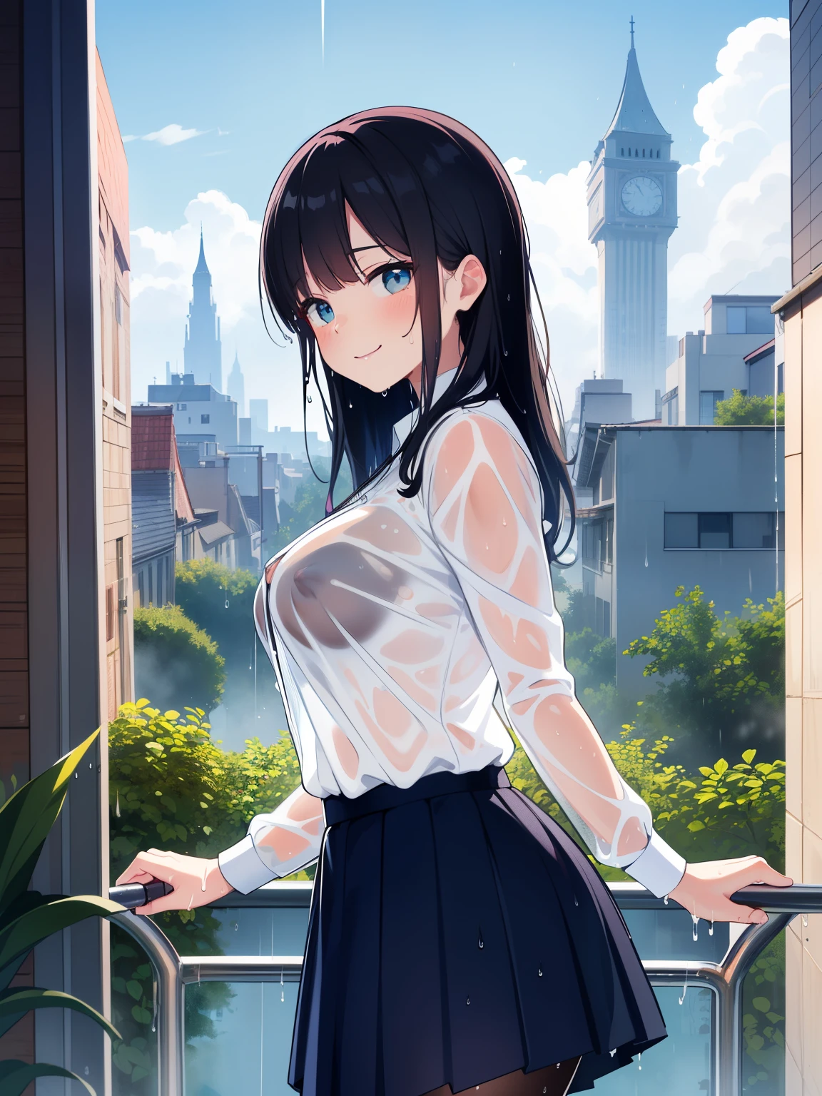 ((round face)), (correct limbs), a women, ((transparent see-through (wet) blouse), (heavily wet clothes), (large-areolas) and nipples), variety patterned pleated skirt, dropping eyes, sleepy, (masturbation), blush, smiling with ecstasy face, alley downtown, angle from side, (an oil painting in the style of Impressionism, blue sky, a cityscape glowing after the rain)