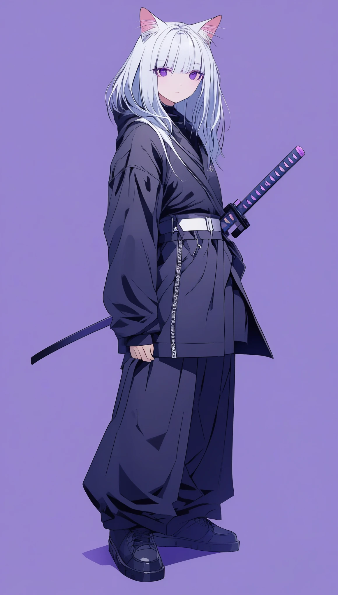 purple silver middle hair, cat ears, purple eye, White Shirts, put on a off shoulder black open hoodie, black slit skirt, leather belt, katana, cyber punk