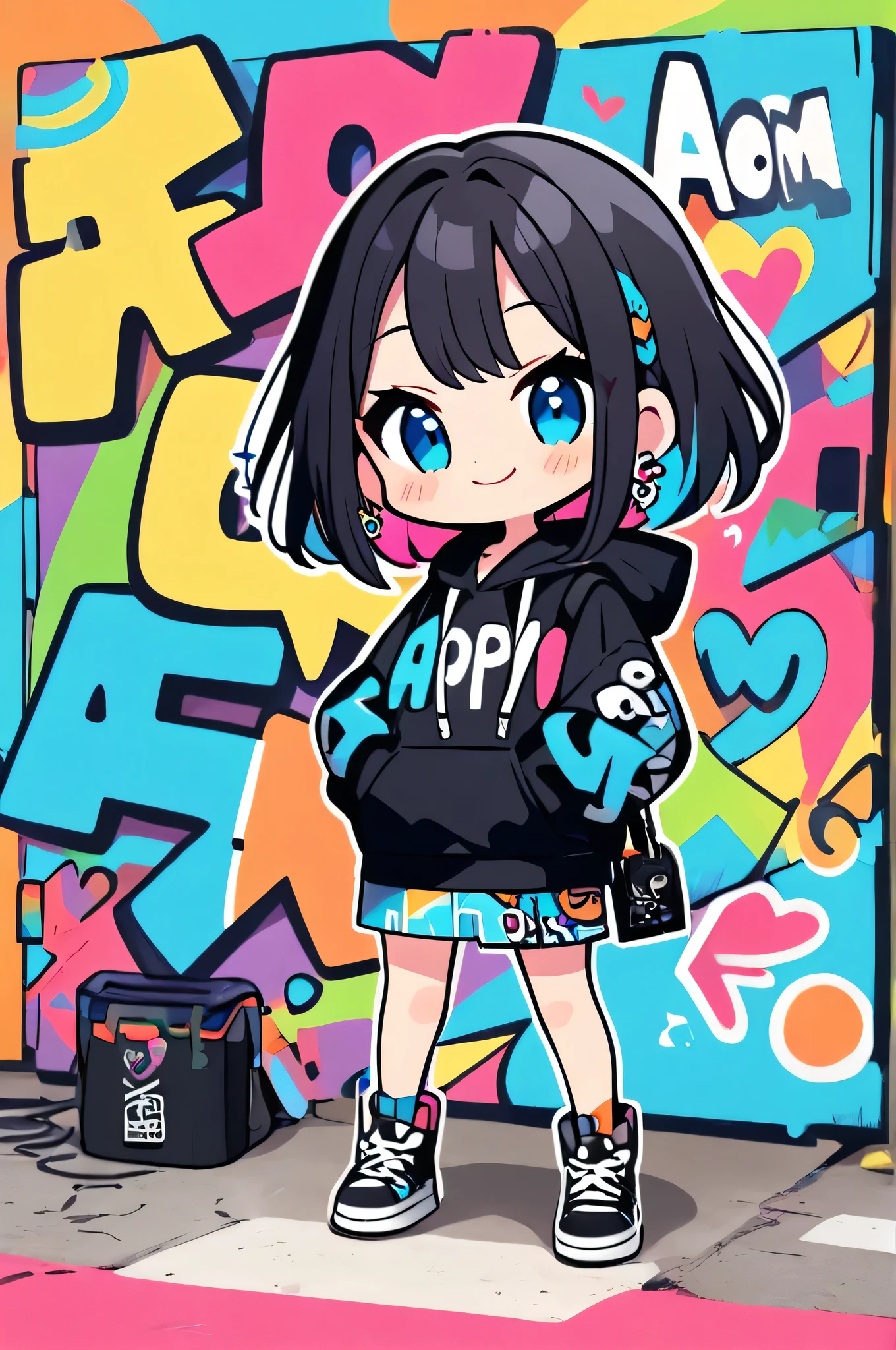 Chibi、cute、Best Quality、Masterpiece、Super detailed、3Ⅾ、32K、High definition、Black hoodie and mini skirt、Heartwarming、Pastel colors、cuteがあふれている、