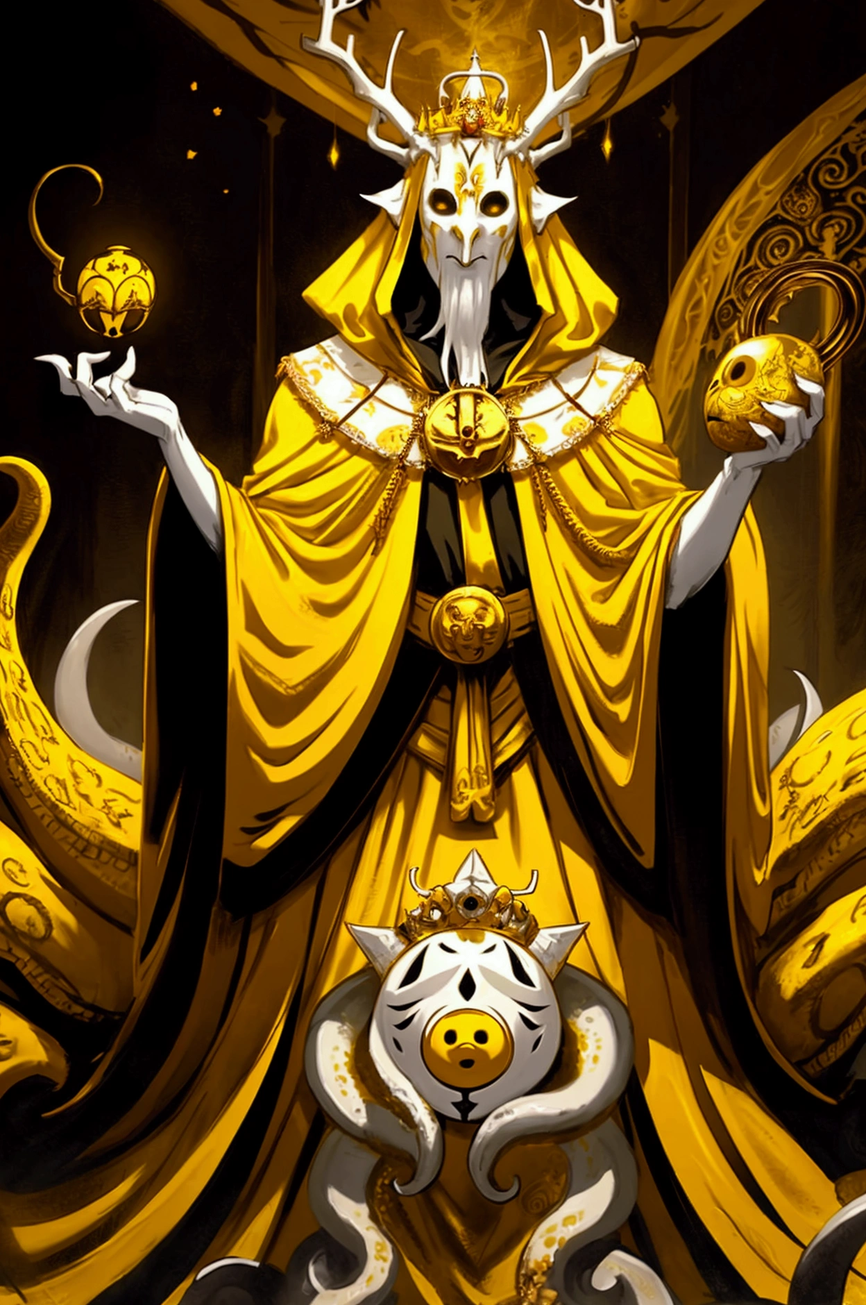 a painting of a man dressed in a yellow robe and a crown, hastur the king in yellow, yellow-robed cultist, king in yellow, a professional digital painting of the king in yellow wearing a tattered yellow cloak standing in a ballroom gripping a medallion in his claws, (white porcelain mask:1.05),painting of the king in yellow wearing a cloak and a mask, antlers, crown, cosmic background, gold and white and black color scheme surrounded by a mass of writhing tentacles, ornate baroque ballroom background, antlers, crown, high quality