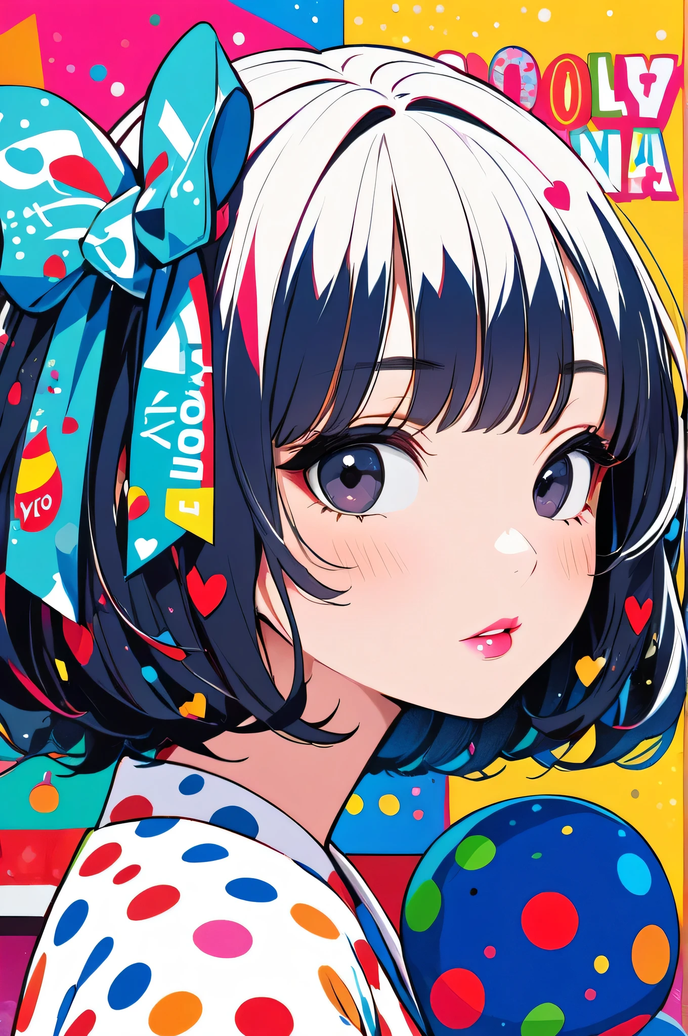 Ultra-realism Yayoi Kusama colorful style, simple line acronym ,Abstract art,(((The most beautiful girls))), Kind Face. Lips in Love, Pop and stylish design , Dark Eyes, (((Holiday Room))), (((Cute Protozoan)))