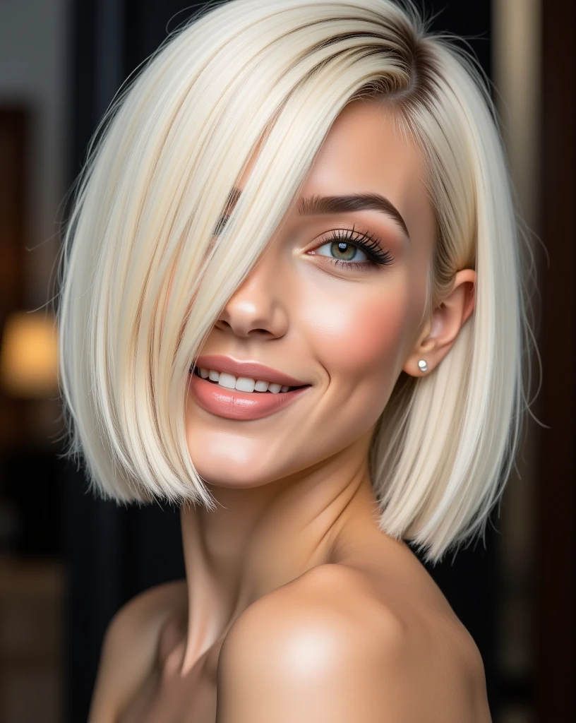 View from part side, Portrait of Nexia a smiling young woman with a striking asymmetrical haircut:
Hair is parted slightly off-center, with the longer side sweeping across the left side of her face, partially covering her eye. ((The right side is tucked behind her ear)), revealing more of her face. Hair length is just above the face, with the ends perfectly straight and blunt cut. The platinum blonde color is uniform and bright, with a subtle warm undertone. The overall look is edgy, modern, and stylish, with the blonde color adding a bright, striking effect.
Image style: High-fashion editorial, ultra-sharp focus, hyper-realistic detail