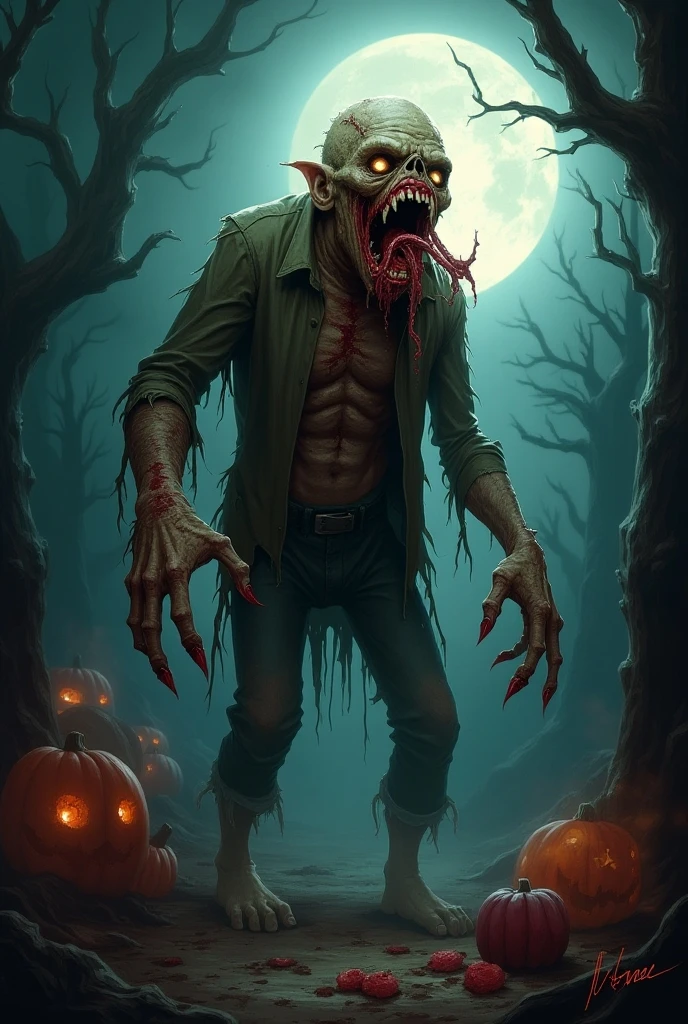 Make a human, white male,skinny, thug, with a disproportionate body with a big mouth and a smile missing teeth and a burning in the background with the phrase “look at a beautiful forest, I&#39;m going to set it on fire, he he left me alone