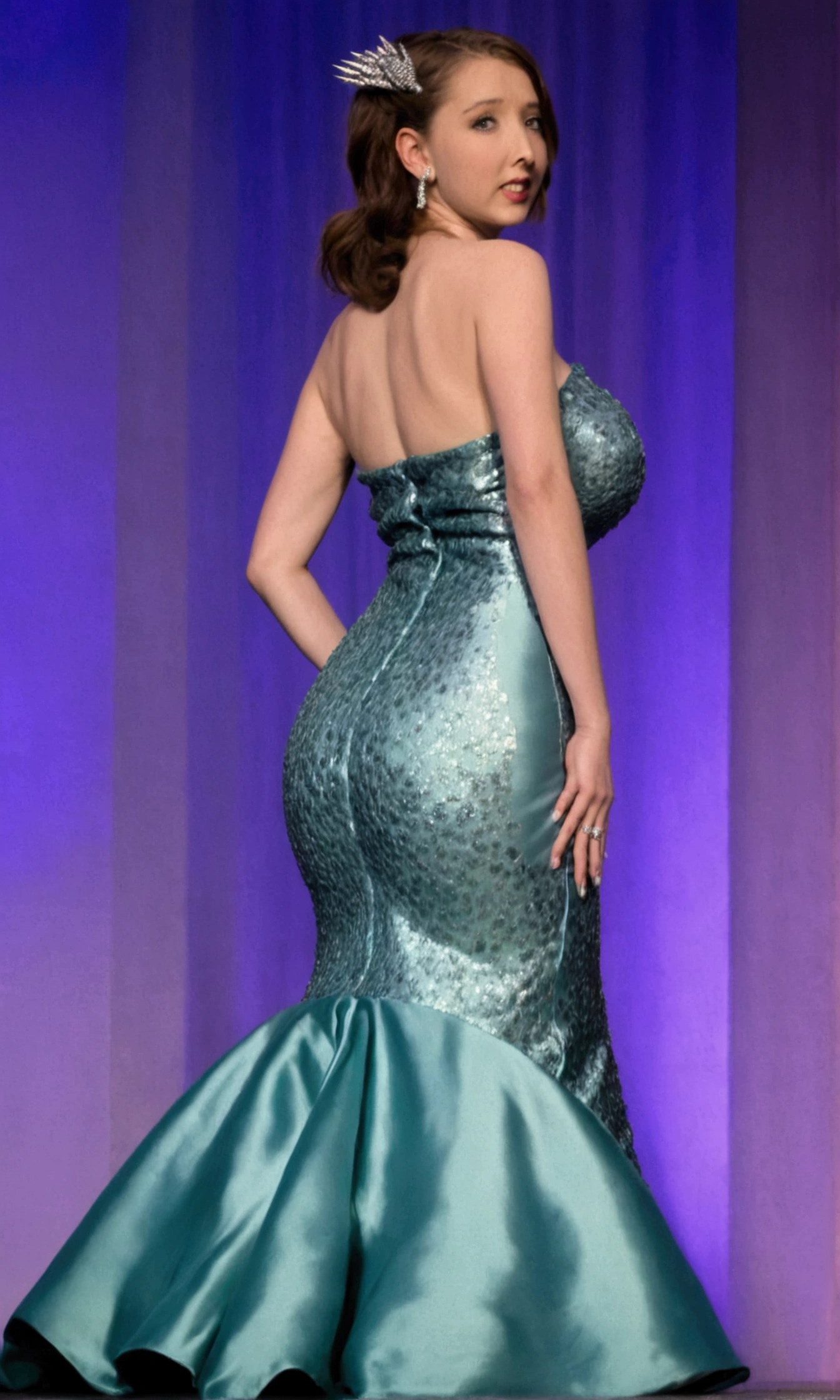 1girl, (Smile:1.1) stunningly beautiful girl, Haute_Couture, designer dress, Wearing haute couture, posing for photo, Fashion Show, Long shape face, angry, Crazy, darkred eyes, sidesweep hair, Short hair, Long ringlet, catwalk \(Walkway\), , Colorful, Vivid colors, masutepiece, Best Quality, absurderes, Highest Quality, Amazing details, 8K, Aesthetic,(huge breasts:1.5),(big breast:1.5),(slightly exposed breasts:1.5),(deep cleavage:1.5)