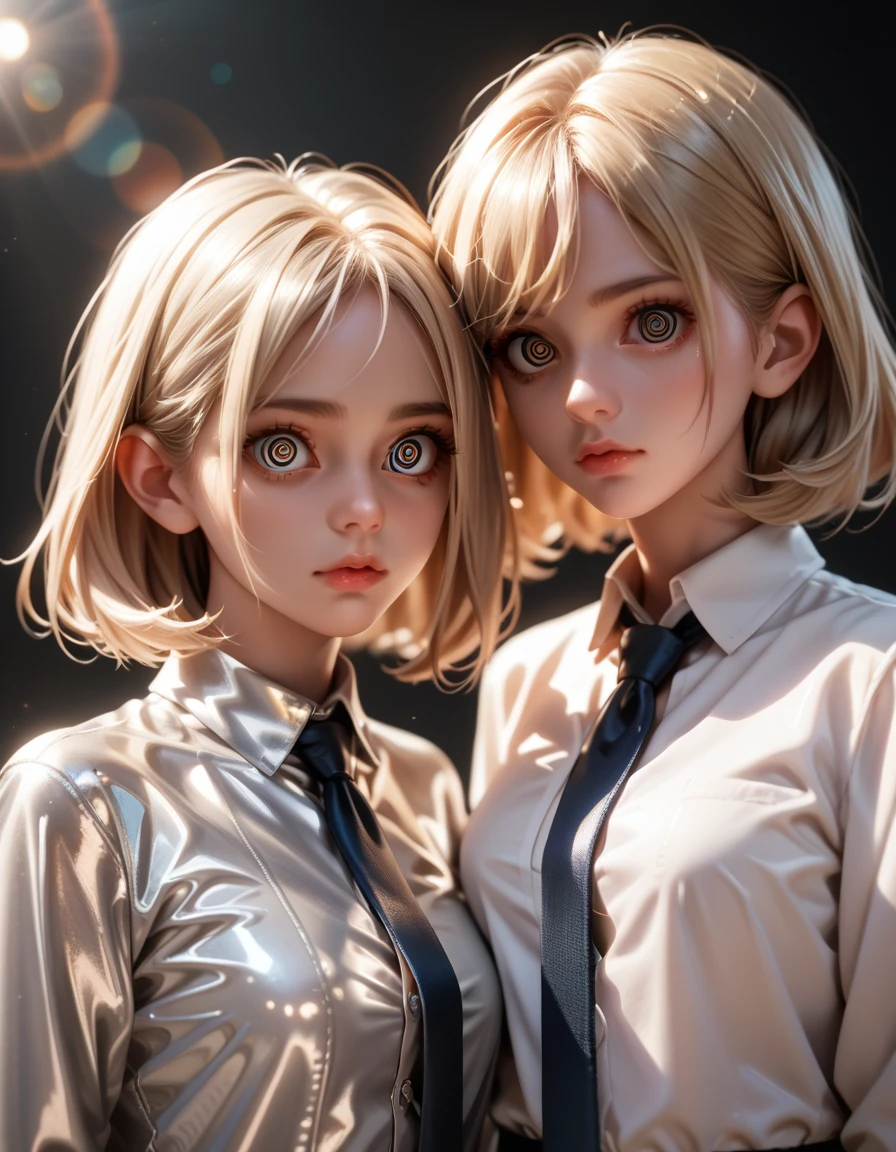 2 girls in extremely tight shiny silver latex blouse buttoned,Necktie,Medium hair, Blonde hair, Lens reflection, Reflected light, Make-up, Spiral eyes, 