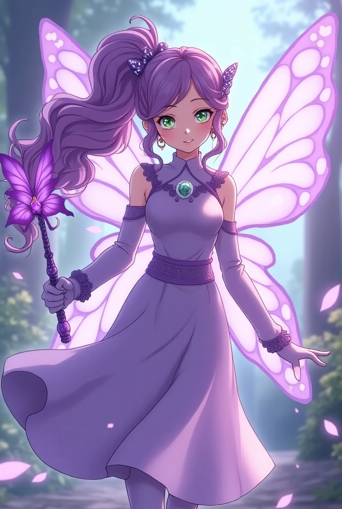 A pink haired female fariry with violet eyes with an hourglass figure wearing a Gothic fairy dress in an enchanted forest is posing with a smile