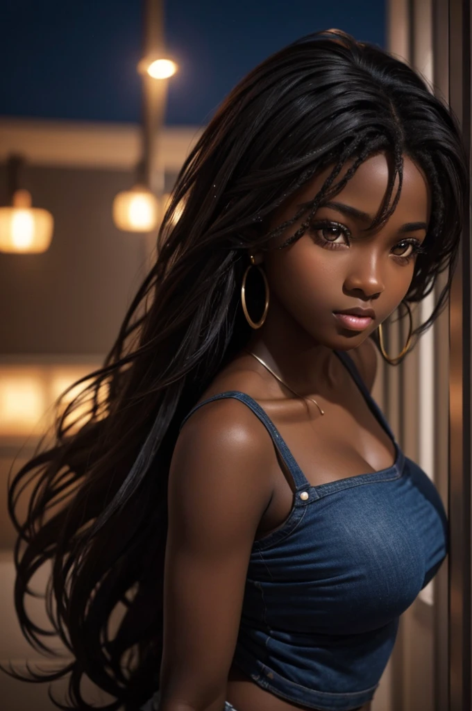 cute teenager, messy wavy hair, detailed dark skin, ray tracing, good lighting, deep ebony, African, showing breasts, looking at viewer, seductive look, SFW