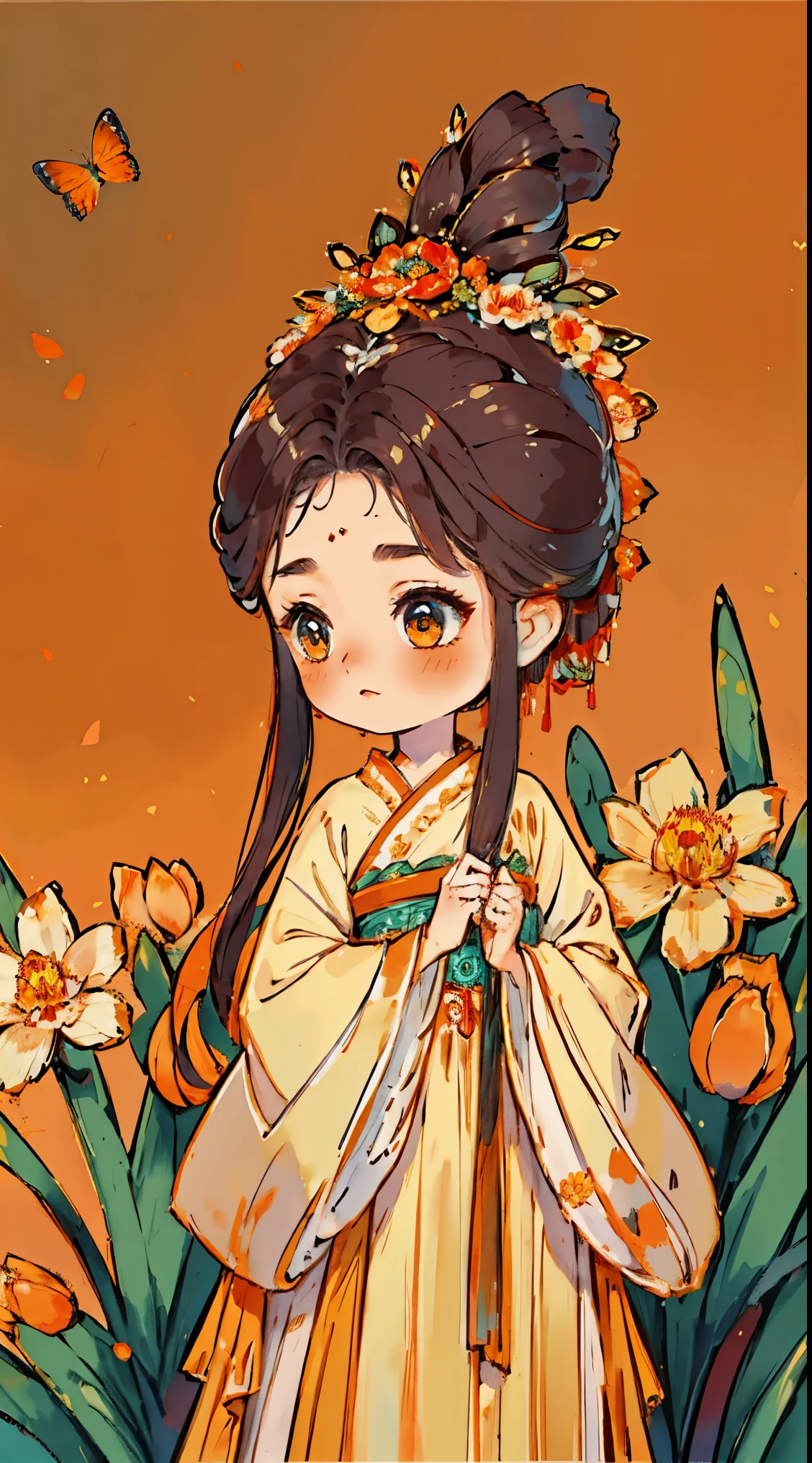 1 Sister,  alone,  viewers , blush, background,   black hair , Headdress, Longer sleeves, 白色background, Everlasting, Naked female love, orange color, Flowers in bloom, Flowering, Hair Bun, Butterfly, masterpiece, Recent quality, Best details,  clear facial features ,  Beautiful Eyes 