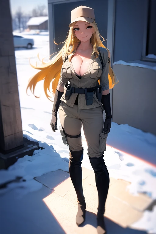 masterpiece, best quality, mgssniperwolf, blue eyes, hair over one eye, green jacket, cleavage, belt, green pants, fingerless gloves, upper body, snow, boreal forest, one knee, blank expression , aurora borealis, Night, Wolf,