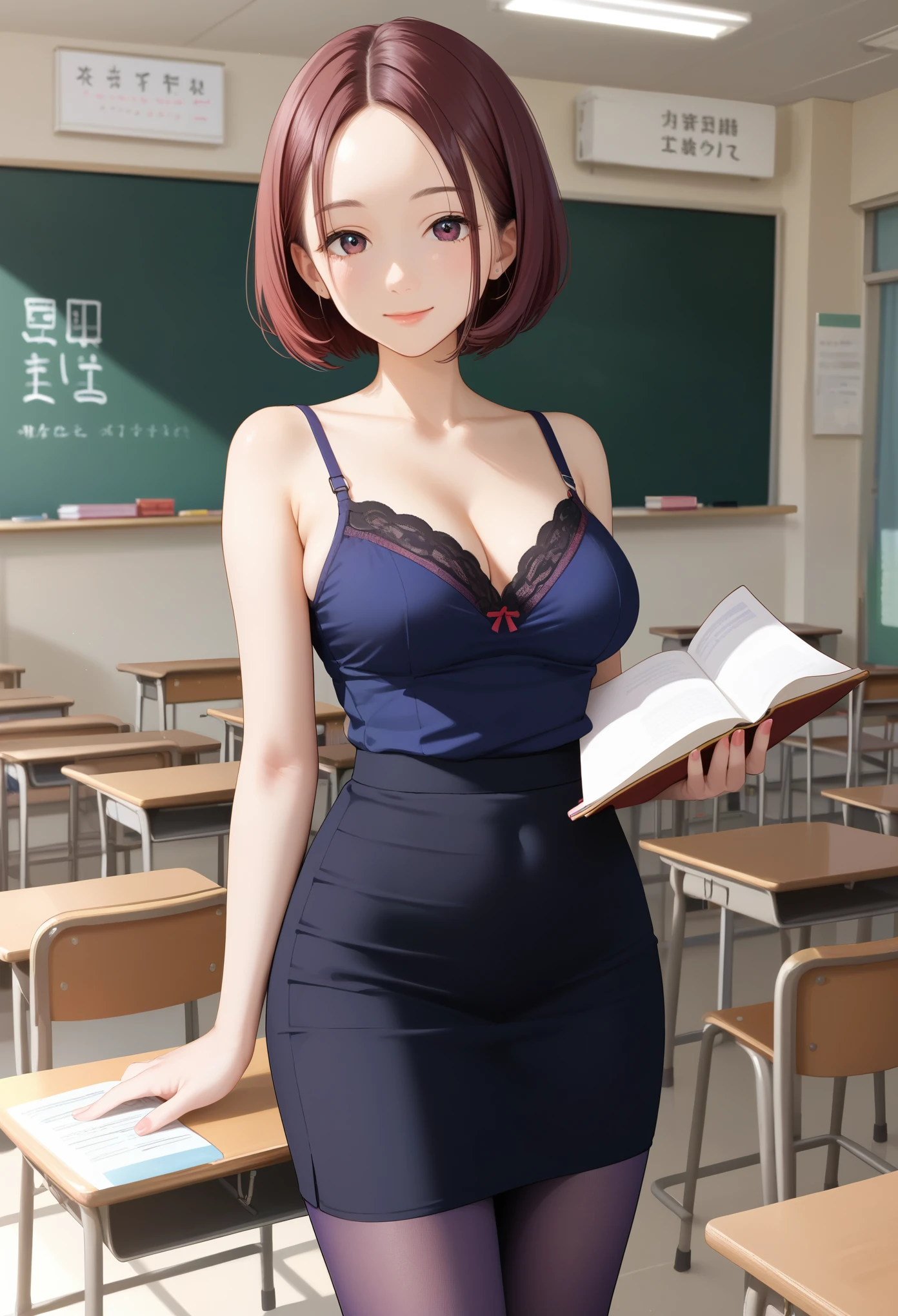 score_9, score_8_up, score_7_up, source_anime, nsfw, (1milf, solo), 28years old, (maroon short hair, round bob, forehead), (black camisole, medium breasts), black tight skirt, purple pantyhose with geometric patterns, smile, looking at viewer, holding textbook, (school classroom, standing before the chalkboard)