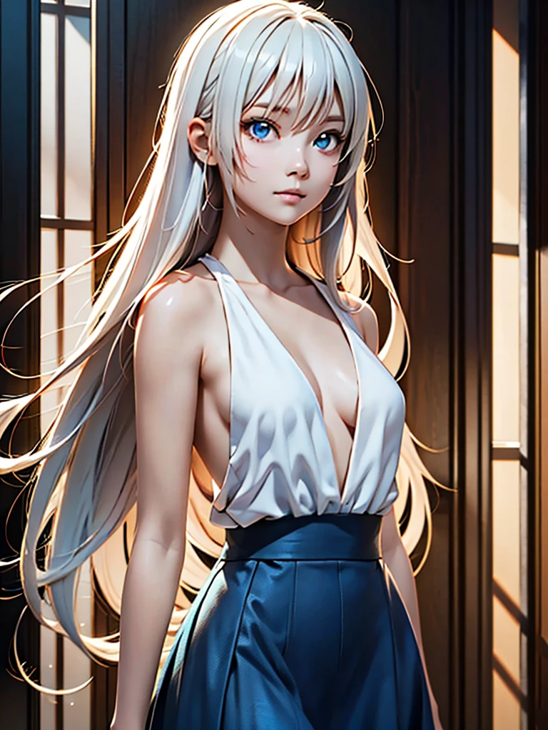  Anime girl in white long hair blue skirt, White-haired God,  White hair floating in the air , Anime Fantasy Illustration, flowing white hair, Beautiful young spirit , Beautiful fantasy anime,  Luminous flowing hair , Ethereal animation, Beautiful anime artwork,  Beautiful Digital Artwork, Anime Fantasy Artwork, ((A beautiful fantasy queen)), 2. 5 d cgi Anime Fantasy Artwork