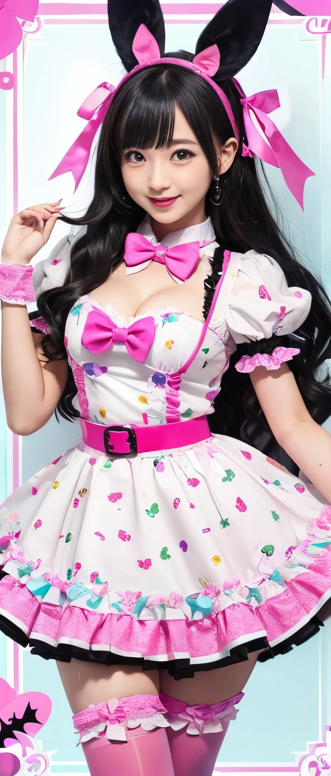 Halloween Magical Idol Girl、whole body、 Good style、、、、、、、、、、Thick legs、、Rabbit Print Dress (Fluorescent pink and blue)、、Centerpiece Belt 、A pure girl's face、 Glowing Colorful Slime、Halloween Town