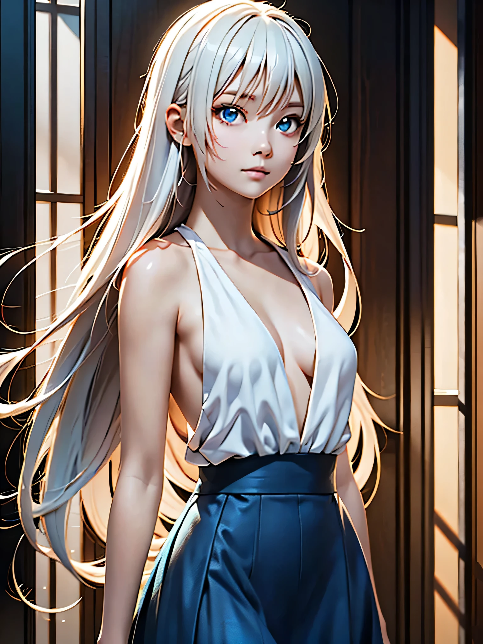  Anime girl in white long hair blue skirt, White-haired God,  White hair floating in the air , Anime Fantasy Illustration, flowing white hair, Beautiful young spirit , Beautiful fantasy anime,  Luminous flowing hair , Ethereal animation, Beautiful anime artwork,  Beautiful Digital Artwork, Anime Fantasy Artwork, ((A beautiful fantasy queen)), 2. 5 d cgi Anime Fantasy Artwork