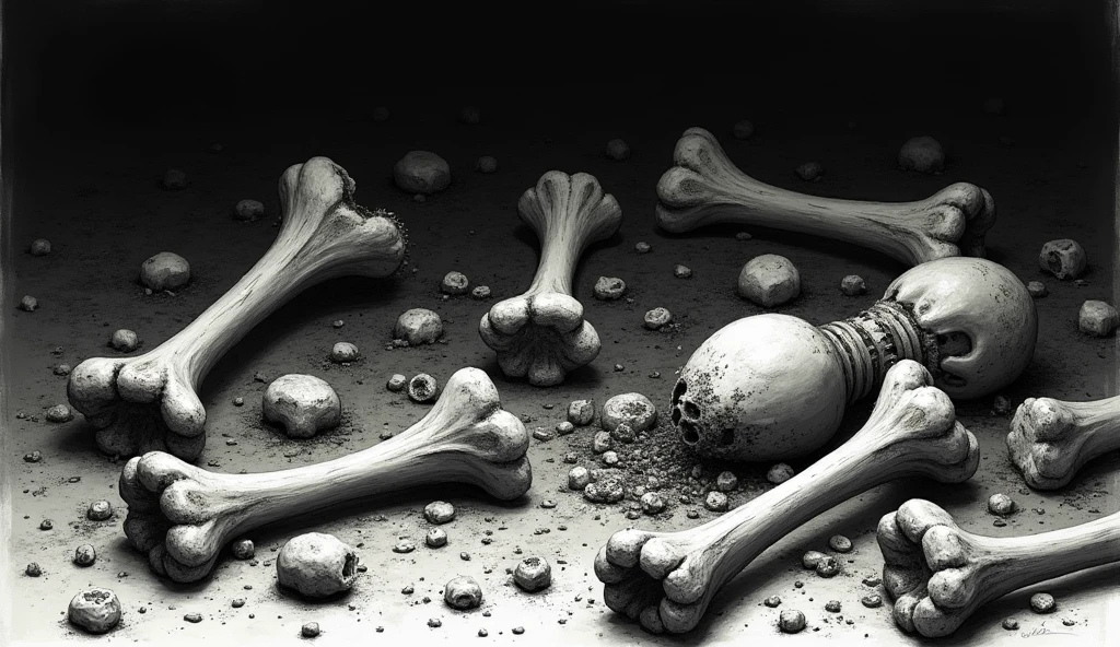 A dark, atmospheric scene with a mosquito standing triumphantly atop a human skull, surrounded by a vast pile of other skulls. A beam of light shines down from above, illuminating the mosquito and the skulls. The mood is eerie and ominous, highlighting the deadly impact of mosquitoes on human lives."