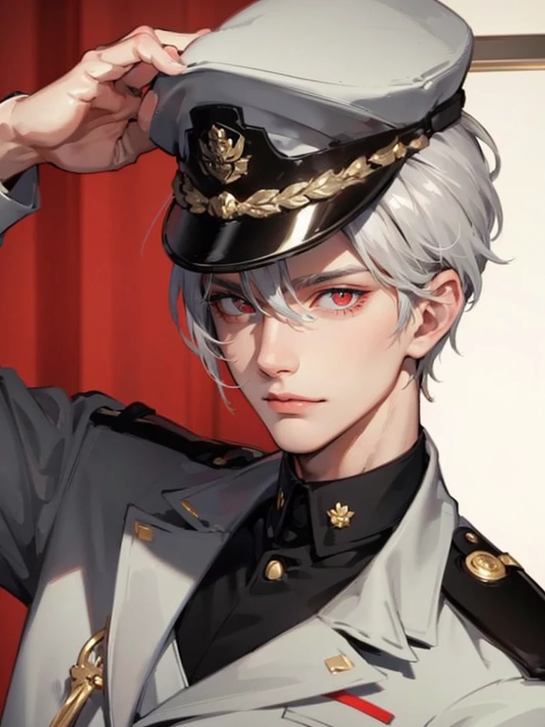 1man, masterpiece, anatomically correct, best quality, detailed eyes, high quality, short silver hair, handsome, cute, toned, military uniform, cap, red eyes, looking at viewer, 38 years old