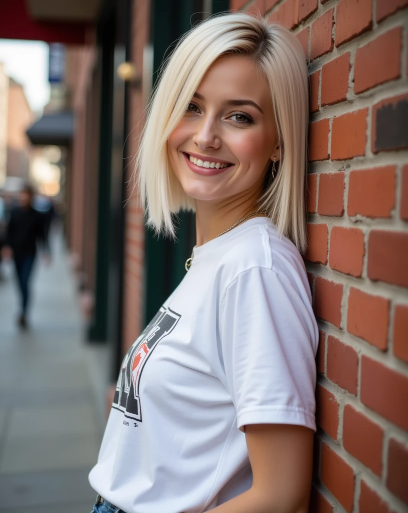 View from part side, full body of Nexia a smiling young woman with a striking asymmetrical haircut:
Hair is parted slightly off-center, with the longer side sweeping across the left side of her face, partially covering her eye. ((The right side is tucked behind her ear)), revealing more of her face. Hair length is just above the face, with the ends perfectly straight and blunt cut. The platinum blonde color is uniform and bright, with a subtle warm undertone. The overall look is edgy, modern, and stylish, with the blonde color adding a bright, striking effect.
Outfit (casual): Oversized white graphic t-shirt High-waisted, distressed blue jeans White sneakers Simple silver necklace and small hoop earrings Pose: Standing, leaning back against a brick wall One foot flat against the wall, knee slightly bent Arms loosely crossed or one hand in pocket Head tilted slightly, looking at camera Setting: Urban street, daytime Brick wall with some graffiti or posters Sidewalk visible Background: storefronts, parked cars, or passersby (slightly out of focus) Lighting: Natural, soft daylight Subtle shadows for depth Style: Realistic with a touch of editorial Sharp focus on subject, slightly softer background Camera angle: Slightly below eye level, portrait orientation ((Ensure subject is in sharp focus, with background detailed but slightly softer))