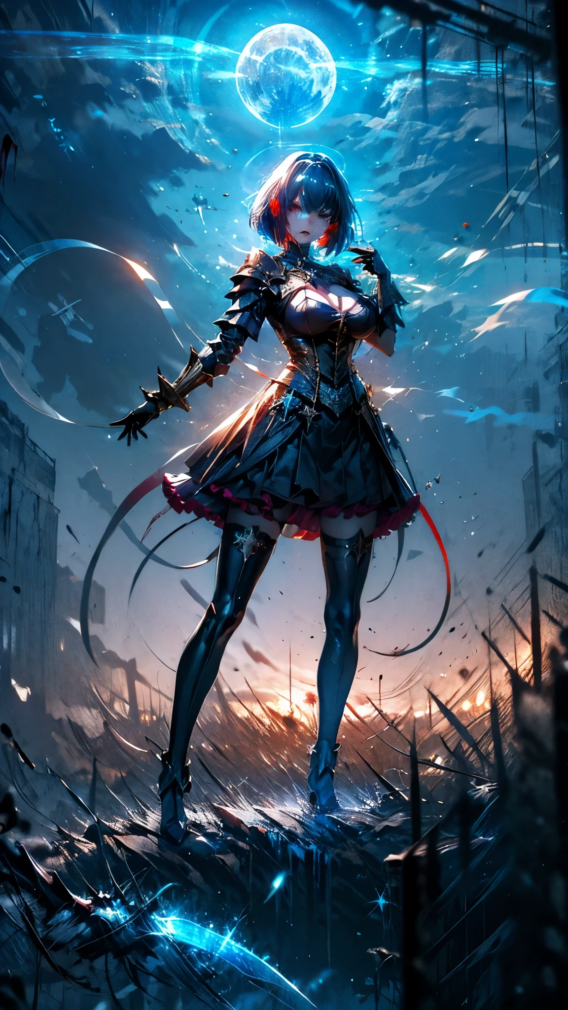 (masterpiece:1.1), (Best quality:1.1), (muted colors:1.1), BREAK, (Dark Fantasy:1.1), (creepy:1.1), (frowning:1.1), (horror:1.0), (luminous:1.0), BREAK, (One:1.2), (Goth girl:1.0), (bob haircut:1.0), (armor:1.0), (frilled skirt:1.0), (shoulder pads:1.0), (mittens:1.0), (a sword:1.0), (Looking at the viewer:1.0), (covered in blood:1.2), (blood:1.2), (exhausted:1.2), (tired:1.2), (Serious:1.0), BREAK, (Starlight Night:1.2), (Moonlight:1.1), (full moon:1.0), big breasts