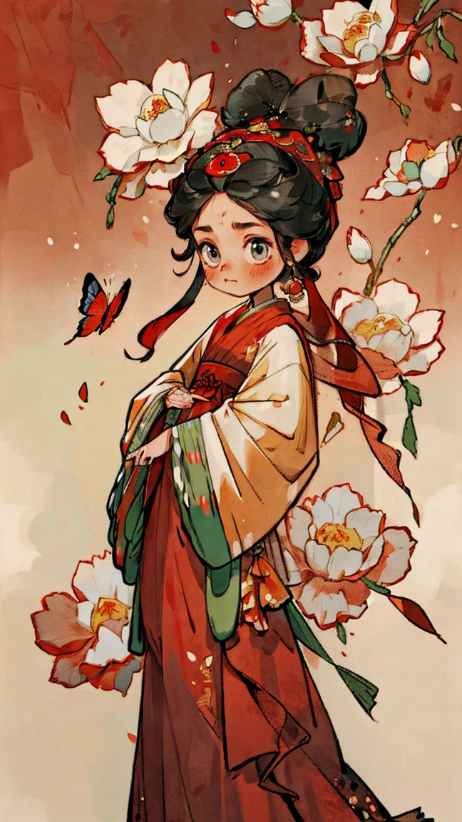 1 Sister, alone, viewers , blush, background, black hair , Headdress, Longer sleeves, 白色background, eternal, bride, Red Dress, red headscarf red fabric, Flowers in bloom, Flowering, Hair Bun, Butterfly, masterpiece, Recent quality, The best details , clear facial features , Beautiful Eyes